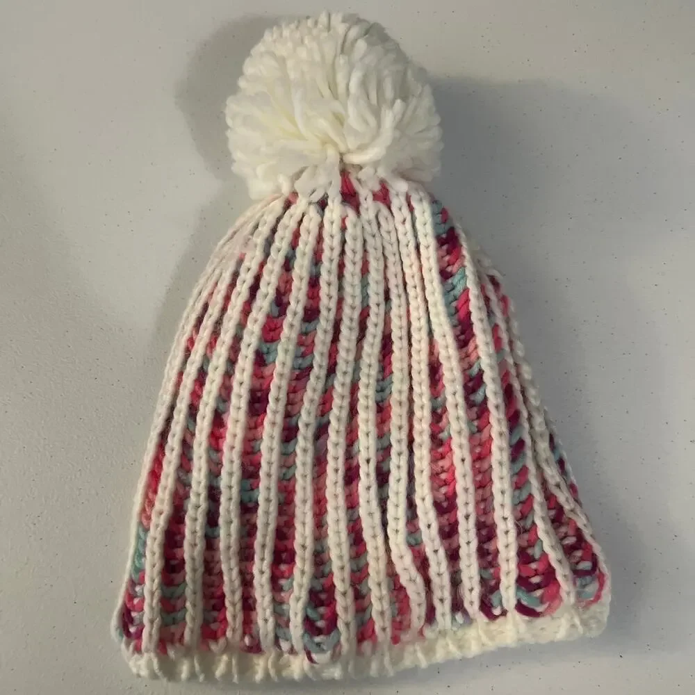 Pink and White Beanie with Puff Ball at the Top
